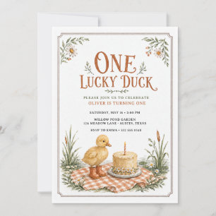 One Lucky Duck Vintage Gingham First Birthday Invitation