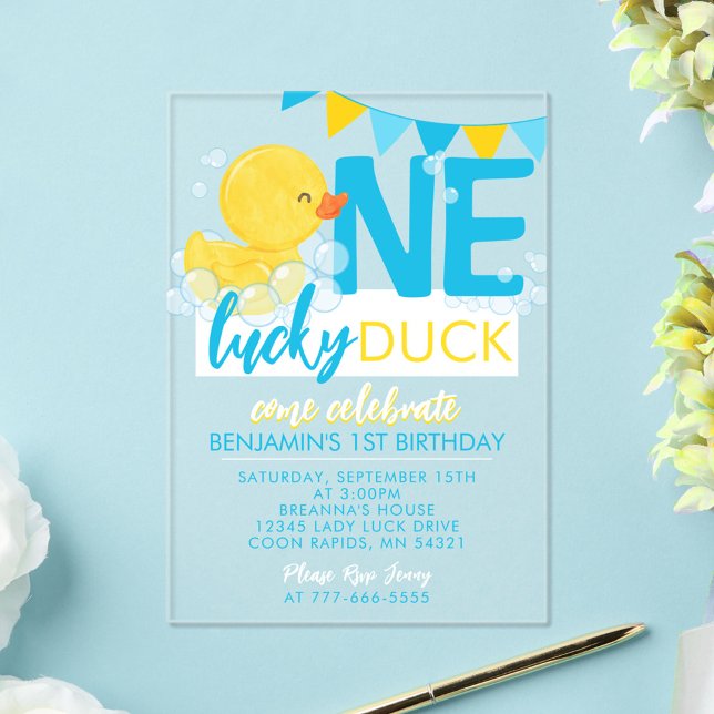 One Lucky Duck Watercolor 1st Birthday Acrylic Invitations (One Lucky Duck Watercolor 1st Birthday Acrylic Invitations)