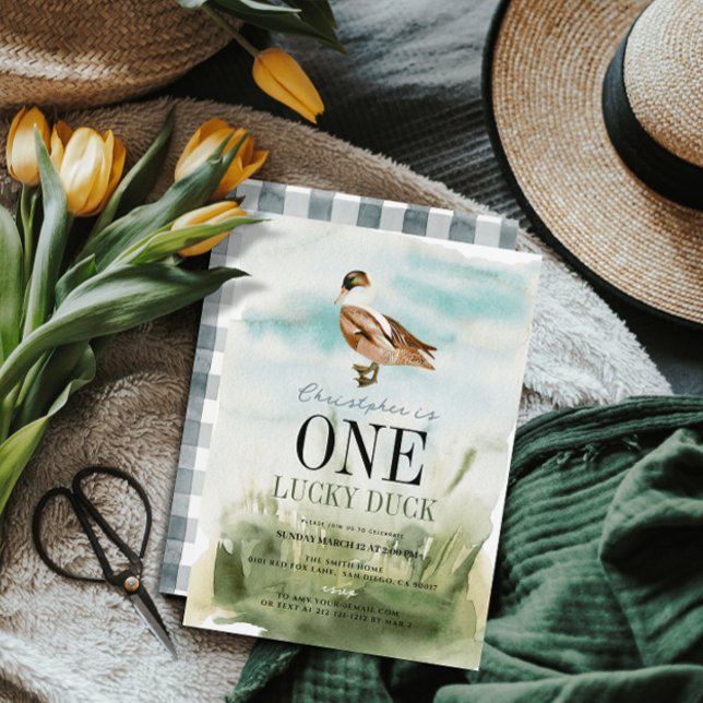 One Lucky Duck Watercolor Boy 1st Birthday Invitation (One Lucky Duck 1st Birthday Invitation)