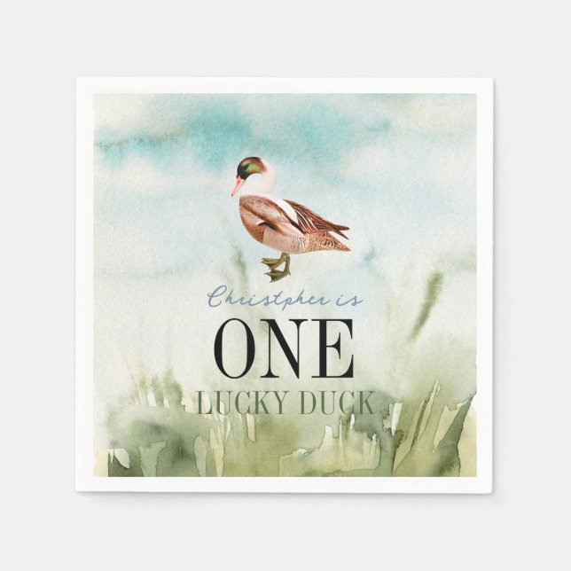 One Lucky Duck Watercolor Boy 1st Birthday Napkin (Front)