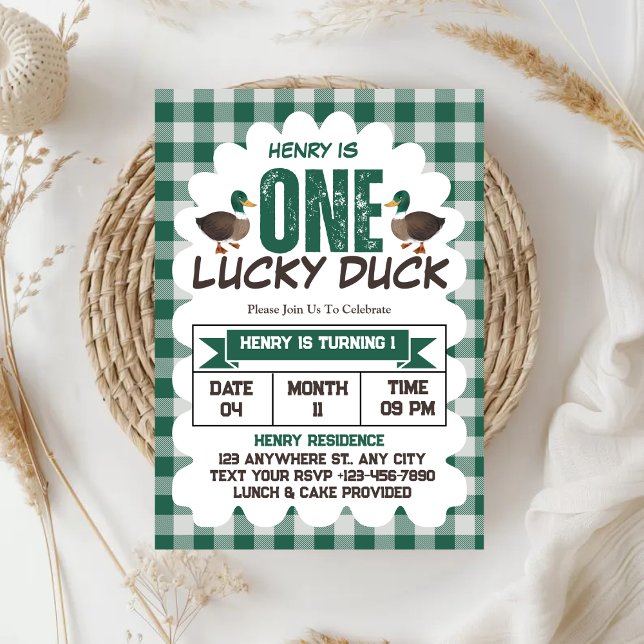 One Lucky Duck Watercolor Boy 1st Birthday Party Invitation (Creator Uploaded)