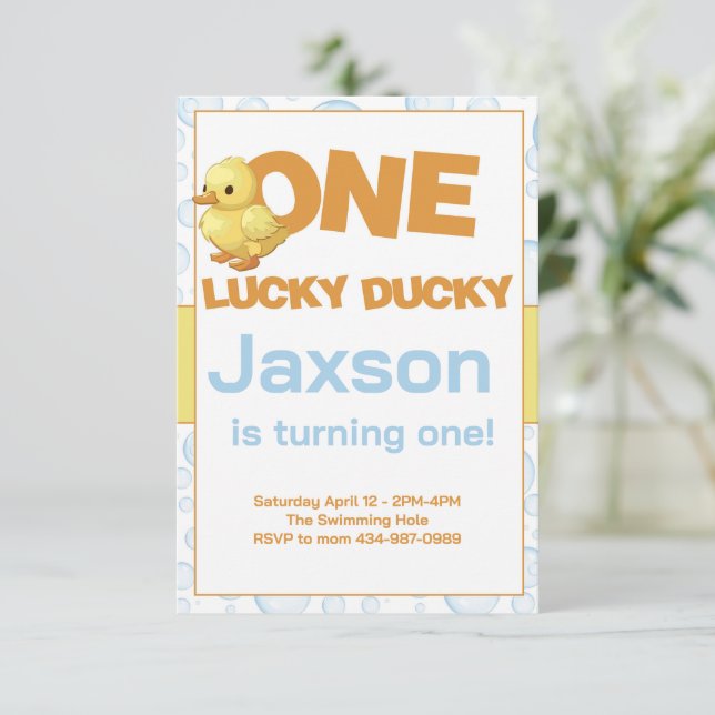 ONE Lucky Ducky 1st Birthday Invitation (Standing Front)