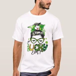 One Lucky EMT Messy Bun Shamrocks St Patrick's Day T-Shirt
