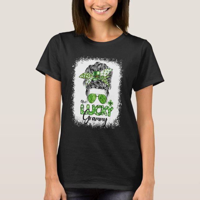 One Lucky Grammy Messy Bun St Patricks Day Shamroc T-Shirt (Front)