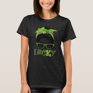 One Lucky Lola Grandma Messy Bun Shamrock St Patri T-Shirt