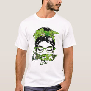 One Lucky Lola Grandma Messy Bun Shamrock St Patri T-Shirt