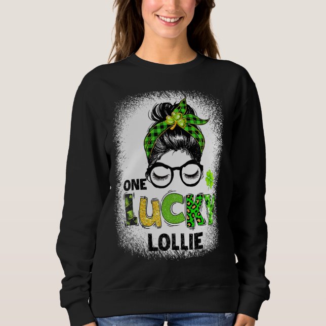 One Lucky Lollie Messy Bun Leopard St Patrick's Da Sweatshirt (Front)