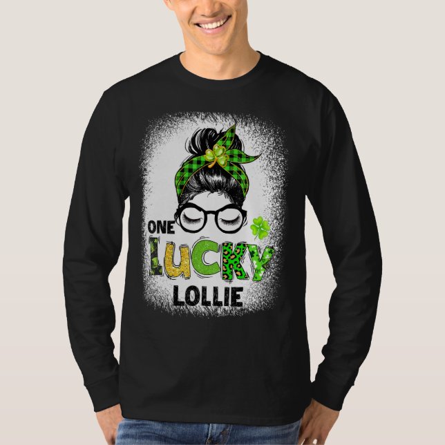 One Lucky Lollie Messy Bun Leopard St Patrick's Da T-Shirt (Front)