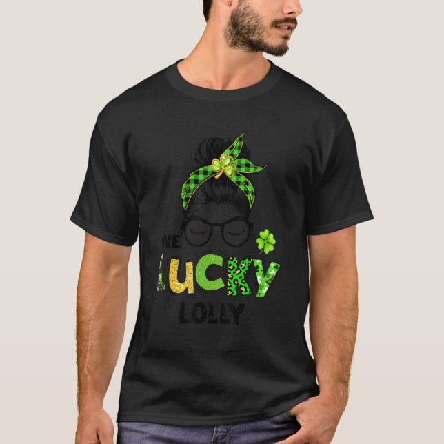 One Lucky Lolly Messy Bun Leopard St Patrick's Day T-Shirt (Front)