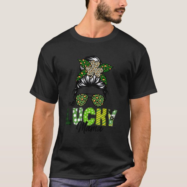 One Lucky Mama Leopard Messy Bun Saint Patrick's D T-Shirt (Front)