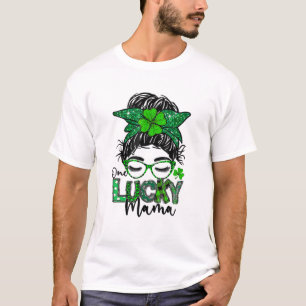 One Lucky Mama Messy Bun Leopard Bandanna St. Patr T-Shirt