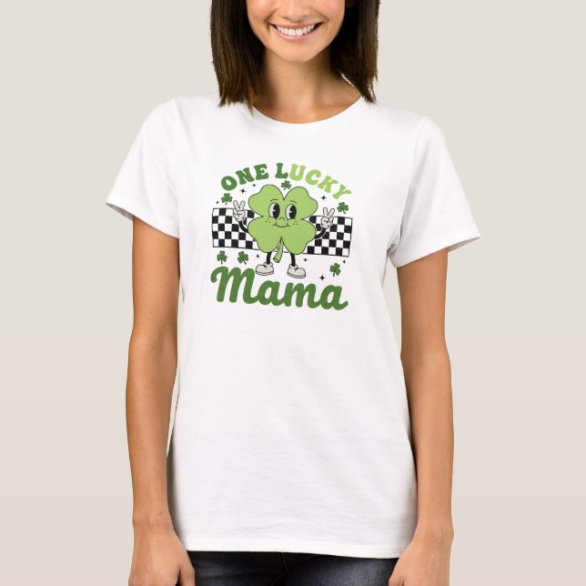 One Lucky Mama Retro Shamrock Mascot Art T-Shirt (Front)