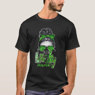 One Lucky Mama St. Patrick's Day Messy Bun Leopard T-Shirt