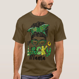 One Lucky Mama St Patrick's Day Messy Bun Leopard  T-Shirt