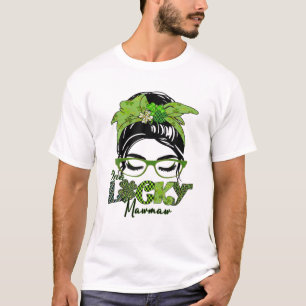 One Lucky Mawmaw Grandma Messy Bun Shamrock St Pat T-Shirt