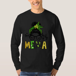 One Lucky Mema Messy Bun Leopard St Patrick's Day T-Shirt