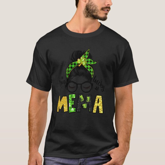 One Lucky Mema Messy Bun Leopard St Patrick's Day T-Shirt (Front)