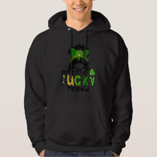 One Lucky Memaw Messy Bun Leopard St Patrick's Day Hoodie