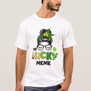 One Lucky Meme Messy Bun Leopard St Patrick's Day T-Shirt
