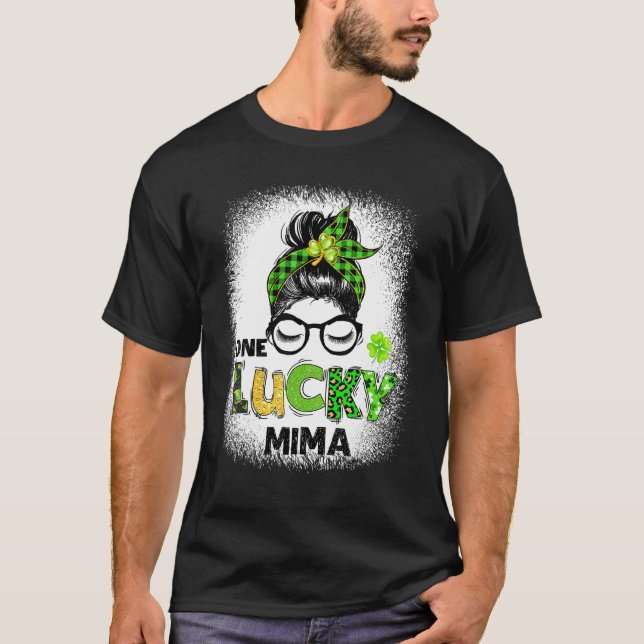 One Lucky Mima Messy Bun Leopard St Patrick's Day T-Shirt (Front)