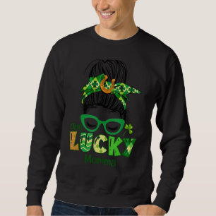 One Lucky Momma Messy Bun Leopard St Patrick's Day Sweatshirt