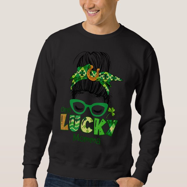 One Lucky Momma Messy Bun Leopard St Patrick's Day Sweatshirt (Front)