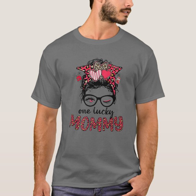 One Lucky Mummy Messy Bun Leopard T-Shirt (Front)