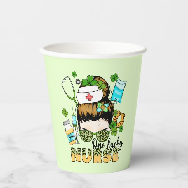 One Lucky Nurse - Messy Bun - St. Patrick’s Day Paper Cups (Front)