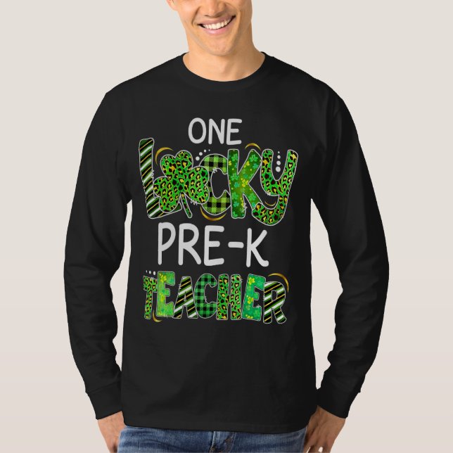 One Lucky Pre K Teacher Shamrock Leopard Plaid Pat T-Shirt (Front)