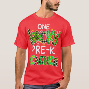 One Lucky Pre K Teacher Shamrock Leopard Plaid Pat T-Shirt