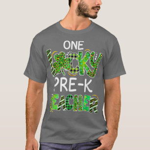 One Lucky Pre K Teacher Shamrock Leopard Plaid Pat T-Shirt