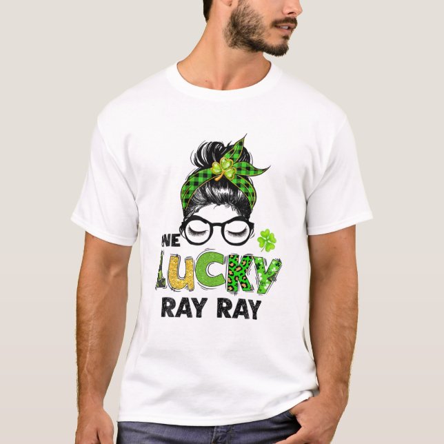 One Lucky Ray Ray Messy Bun Leopard St Patrick's D T-Shirt (Front)
