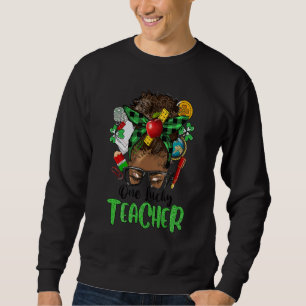 One Lucky Teacher Afro Messy Bun Patrick's Day Sha Sweatshirt
