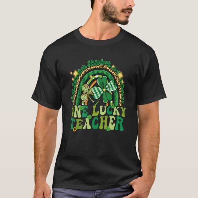 One Lucky Teacher Groovy Retro Rainbow St Patricks T-Shirt (Front)