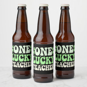 One Lucky Teacher Groovy Retro Teacher St Patricks Beer Bottle Label