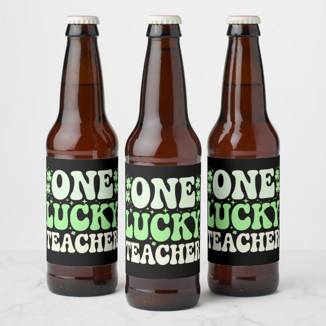 One Lucky Teacher Groovy Retro Teacher St Patricks Beer Bottle Label (Bottles)