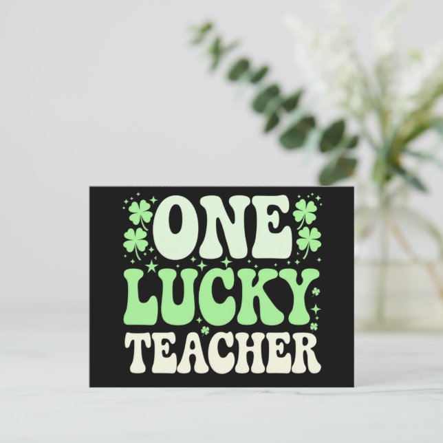 One Lucky Teacher Groovy Retro Teacher St Patricks Postcard (Standing Front)