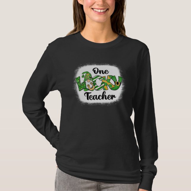 One Lucky Teacher Irish Gnome Leopard Patricks Day T-Shirt (Front)