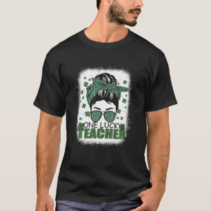 One Lucky Teacher Leopard Messy Bun Bleached St Pa T-Shirt