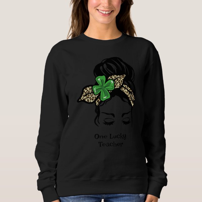 One Lucky Teacher Leopard Plaid Clover St Patricks Sweatshirt (Front)