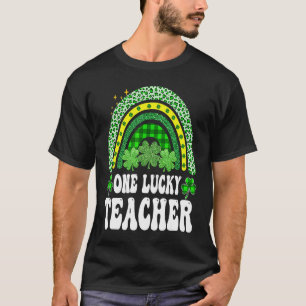 One Lucky Teacher Leopard Plaid Rainbow St Patrick T-Shirt