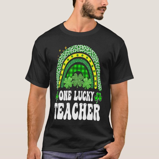 One Lucky Teacher Leopard Plaid Rainbow St Patrick T-Shirt (Front)