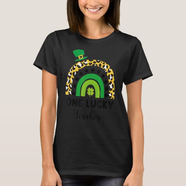 One Lucky Teacher Leopard Print Rainbow St Patrick T-Shirt (Front)