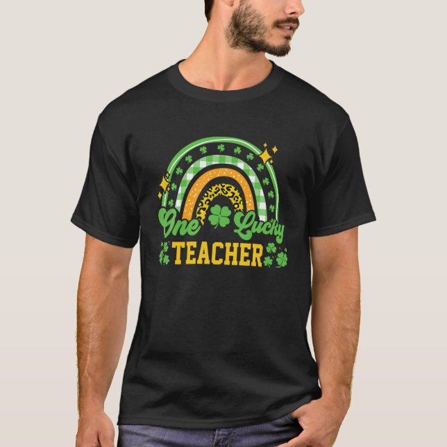 One Lucky Teacher Leopard Print Rainbow T-Shirt (Front)