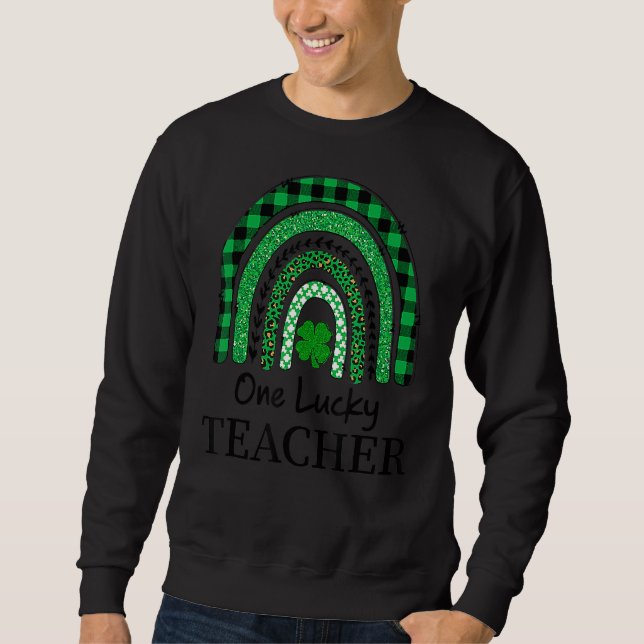 One Lucky Teacher Leprard Rainbow Plaid St Patrick Sweatshirt (Front)