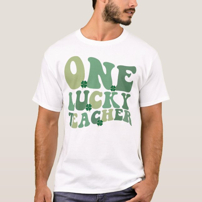 One Lucky Teacher St Patricks Day Retro Groovy T-Shirt (Front)