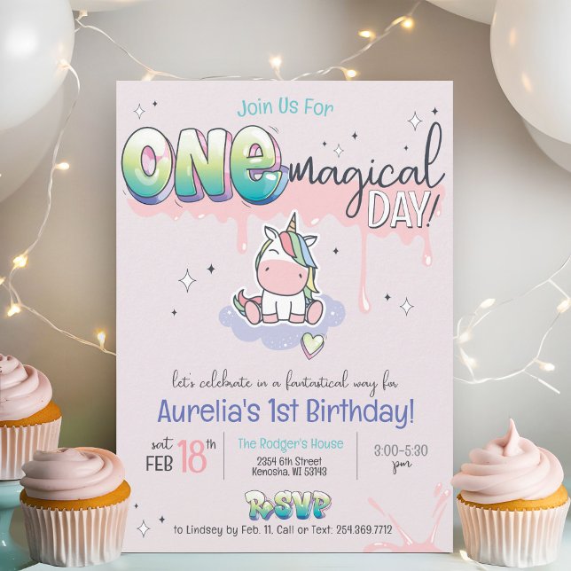 ONE Magical Day Unicorn Graffiti Girl 1st Birthday Invitation (One magical day cute first pink pastel graffiti kawaii unicorn rainbow 1st birthday party invitation)