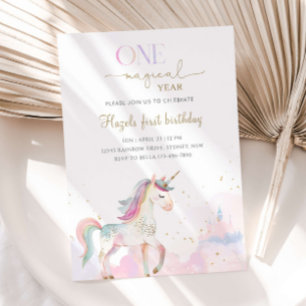 One Magical Year Pastel Unicorn 1st Birthday Party Invitation