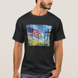 One Nation Under God Floral US Flag Christian 4th  T-Shirt