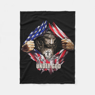 One Nation Under God Jesus Art Us Flag Christian M Fleece Blanket